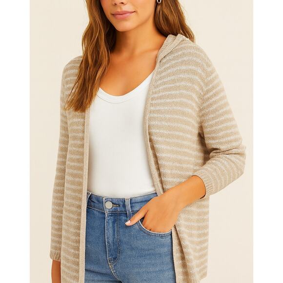 Artelier Nicole Miller Hooded Open-Front Cardigan Sweater Small Beige Taupe Knit - Picture 7 of 7